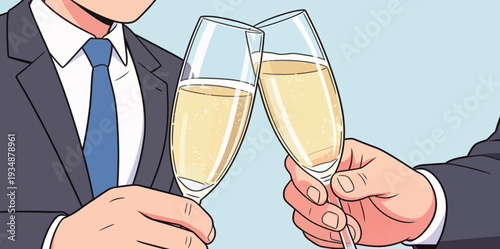 Two individuals hold champagne glasses together, celebrating a special moment in a bright space. Their smiles show happiness.