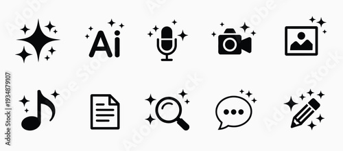 AI icons for creative tools, communication, and digital content creation