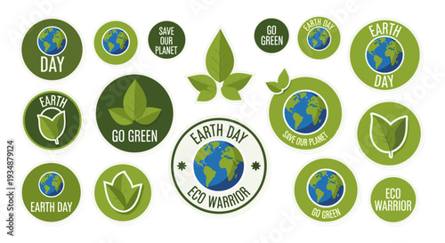 Collection of green ecology conservation stickers with globe and leaf motifs
