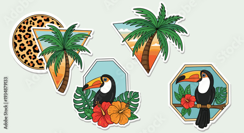 Vibrant toucan and palm tree tropical sticker set with leopard print accents