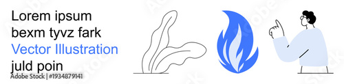 Visual storytelling, education, creativity, minimalism, concept ion, digital use. Stylized flame, abstract plant and a person pointing to the flame. Visual storytelling and education concept