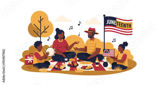 Joyful Family Picnic Celebration Artwork with Music and Festive Atmosphere