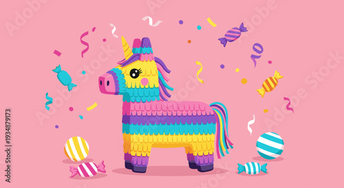 Colorful Unicorn Pinata with Confetti and Candy on a Pink Background