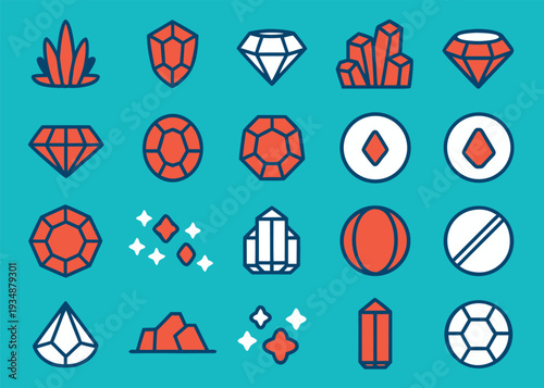 Twenty jewelry icons showing various gemstone cuts on teal background.
