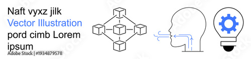 Blockchain, innovation, human communication, technology concepts, networking, creative ideas. interconnected blocks, human profile with speech flow and light bulb with gear. Blockchain