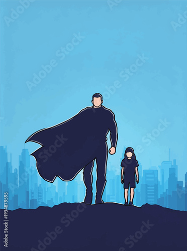 A superhero and a child stand together on a hilltop looking over a city during daytime. The sky is clear and blue.