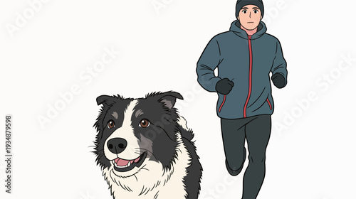 A man jogs alongside a black and white dog in a drawing. They enjoy their time outdoors together.