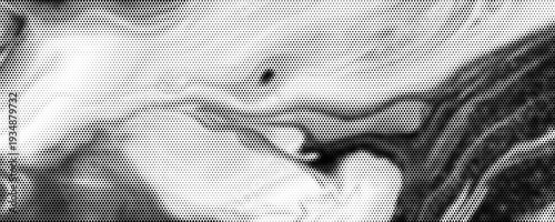 Hexagon halftone gradient texture. Abstract black grunge background. Geometric retro halftone tech overlay. Fading wavy hexagonal pattern backdrop. Vector vanishing honeycomb grunge bitmap wallpaper