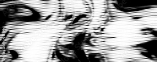 Hexagon halftone gradient texture. Abstract black grunge background. Geometric retro halftone tech overlay. Fading wavy hexagonal pattern backdrop. Vector vanishing honeycomb grunge bitmap wallpaper