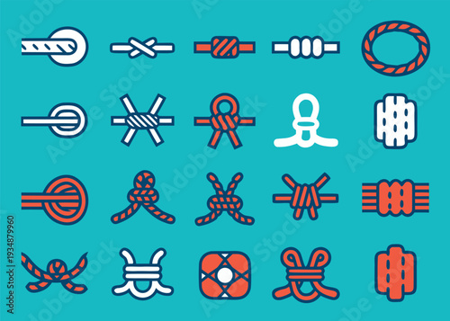 Twenty rope knot and tie icons in orange and white on teal backdrop.