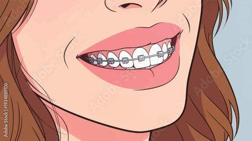 A woman smiles to show her teeth with braces. The background is simple and the lighting is bright, highlighting her expression.