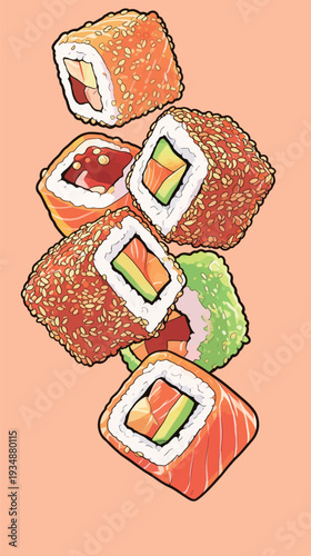 Sushi rolls with colorful fillings are shown floating in mid-air. This scene highlights the art of sushi creation.