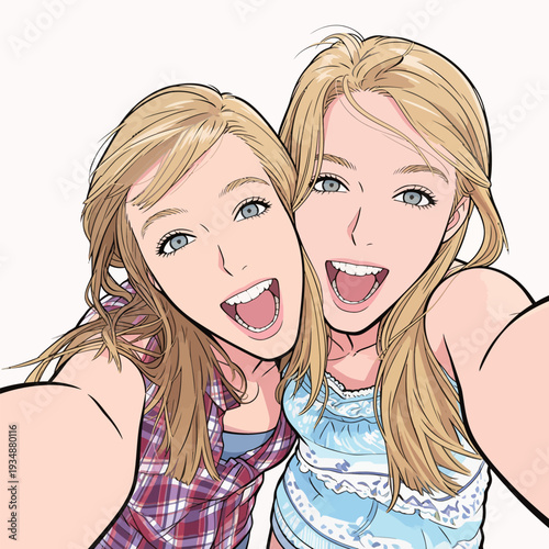 Two friends hold a camera and take a selfie, both smiling widely with joy in their faces, enjoying a happy moment together.