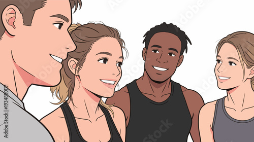 Four friends are smiling and chatting with each other while getting ready to exercise at a gym during the morning.