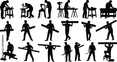 Carpenter and builder silhouette collection, woodworking workshop scenes, construction workers carrying wooden planks, handyman tools set, isolated black vector illustration on white background