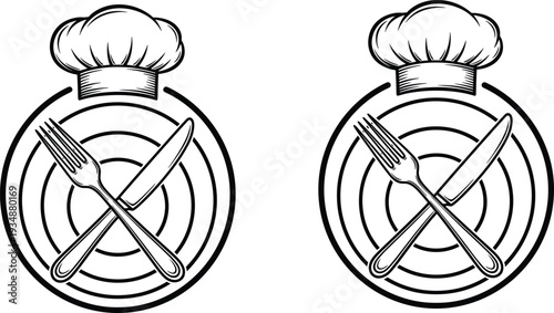 Chef hat with fork and knife plate logo vector set restaurant cooking emblem illustration