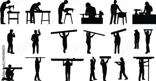 Carpenter and construction worker silhouette set, woodworking workshop tools, builders carrying wooden planks, handyman collection, isolated black vector illustration on white background