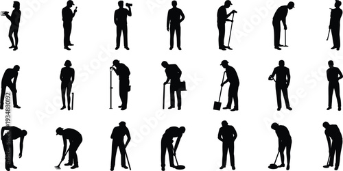 Construction and maintenance worker silhouettes set, industrial laborers with tools and equipment, black isolated vector illustration collection for repair service concept