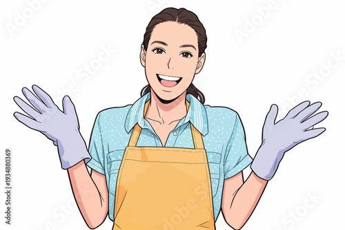 A woman wearing gloves and an apron stands with her hands raised in a welcoming gesture. She looks happy and cheerful inside her home.