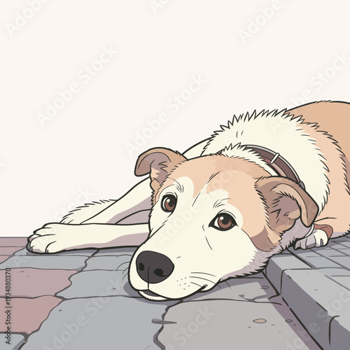 A dog rests its head on the pavement while lying down. The surrounding area is plain and has no distractions.