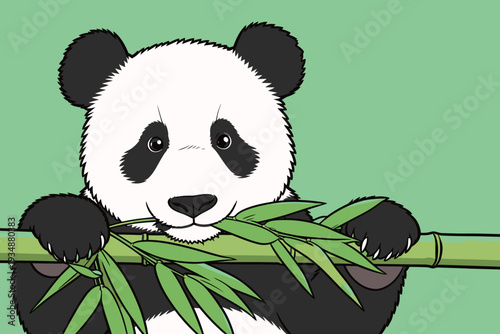 A panda is sitting with a piece of bamboo in its mouth. It looks at the viewer in a green background. The panda appears playful and happy.