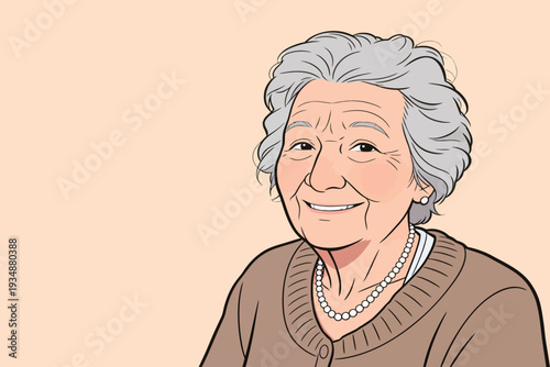 An elderly woman with gray hair smiles at the viewer. She wears a sweater and a necklace. The background is plain and light.