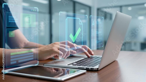 AI technology automates document approval reject detection system with automation for processing decision making on laptop tablet improving workflow reducing manual tasks in office