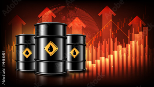 Global oil price surge and energy crisis concept with rising charts and oil barrels, vector illustration
