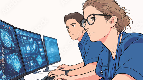 Two healthcare workers focus on multiple computer screens displaying data in a medical environment. They engage with technology.