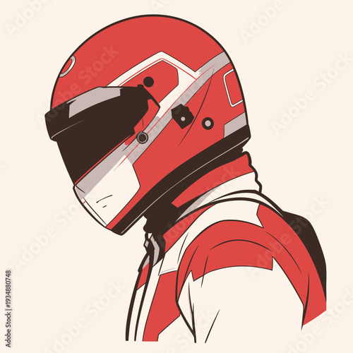 A racing driver stands focused with a red helmet on, dressed in a white suit, getting ready for a race on the track.