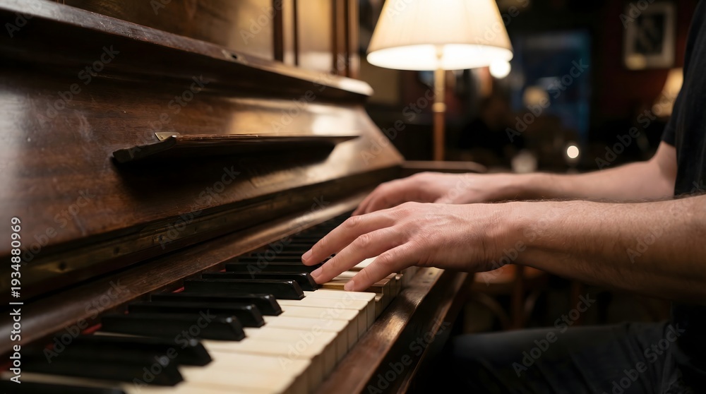 Fototapeta premium International Jazz Day: Hands Playing Jazz Piano Keys in Cozy Warm Light Closeup