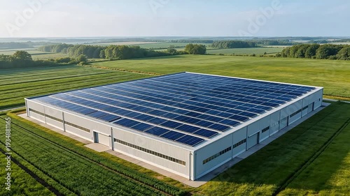 Large industrial warehouse with solar panels on roof, surrounded by green farmland—sustainable energy, renewable power, and eco-friendly logistics facility.