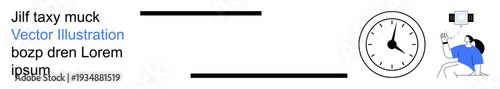 Time management, remote work, productivity, digital tools, scheduling, work-life balance. A person working on a digital device near a clock symbol. Time management and remote work concept