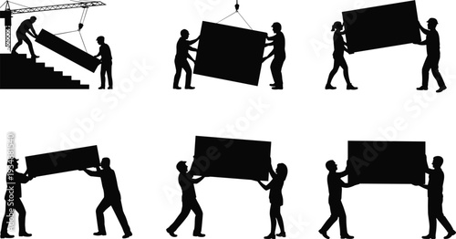 Construction workers carrying heavy panel silhouette set, teamwork lifting large board with crane support, industrial labor vector illustration isolated on white background