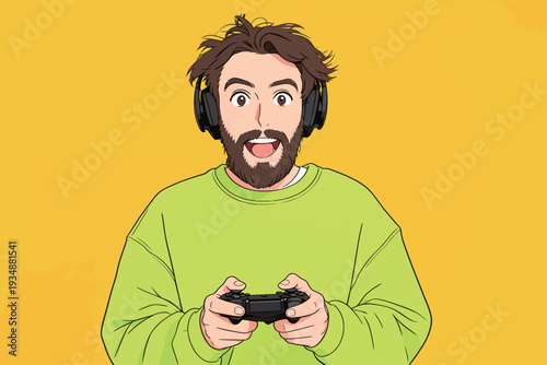 A man with headphones smiles while holding a game controller during a gaming session with a yellow backdrop.