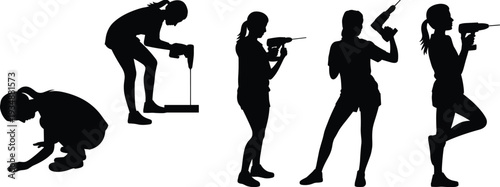 Female construction worker silhouettes collection, women drilling and repairing in various poses, professional manual labor vector illustration isolated on white background