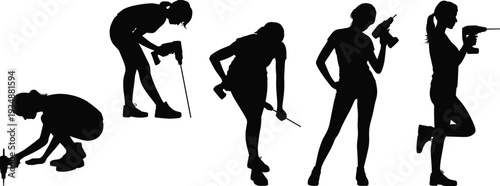 Female construction worker silhouettes set, women using drill and tools in different poses, professional manual labor vector illustration isolated on white background