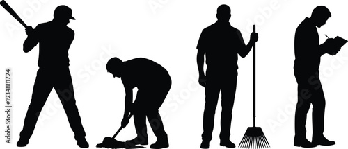 Labor worker and groundskeeper silhouettes set, men digging sweeping and working with tools, manual labor and maintenance vector illustration collection