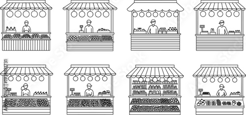 Market stall and street food kiosk outline icons vector set with vendor shop booths