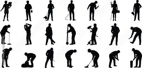 Industrial construction worker silhouettes collection, manual laborers with tools and equipment, black isolated vector illustration set for repair and maintenance service
