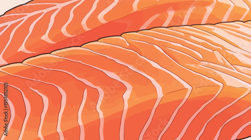 Salmon fillets are placed on a countertop, showing their bright orange color and distinct patterns. They await preparation for meals.