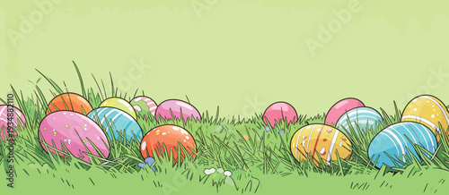 Colorful eggs rest among green grass, marking the Easter celebration on a bright spring day in the park.