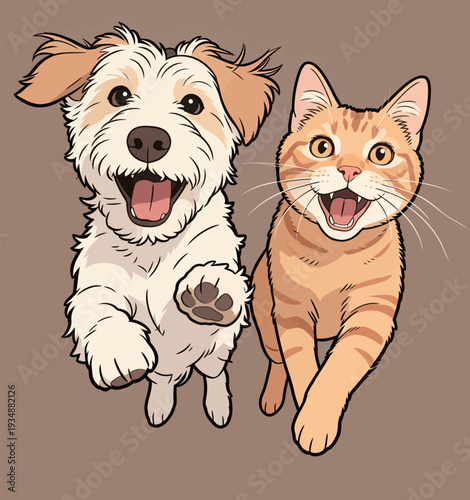 A dog and cat run side by side, both appearing happy and excited during playtime at home in the afternoon light.