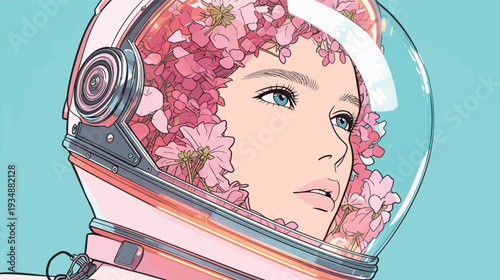 A person wearing a space helmet filled with flowers gazes into the distance. The background is a light blue color.