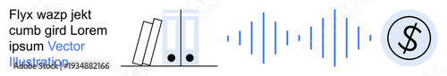 Finance, record keeping, audio analysis, technology, sound monetization, bookkeeping. Files and audio wave next to a dollar sign. Finance and record-keeping concept