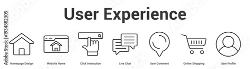 User Experience web banner icon set vector illustration concept for business with icon of Homepage Design, Website Home, Click Interaction, Live Chat, User Comment, Online Shoppi.