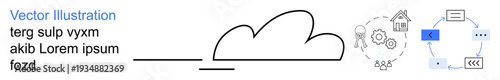 Cloud computing, data transfer, digital workflow, technology integration, process optimization, and network communication. a cloud, gears house and workflow diagram. Cloud computing and data