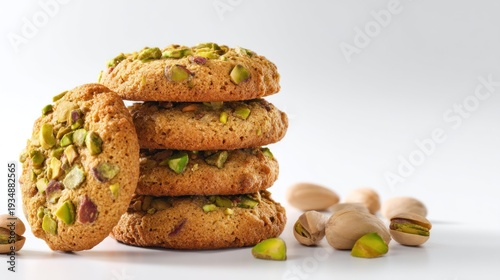 Stack of cookies with pistachios on white background