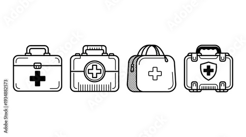 First aid kit medical icons vector set with cross, emergency, healthcare, hospital, rescue, safety, wellness, treatment, pharmacy, patient care, doctor, medicine, vector design