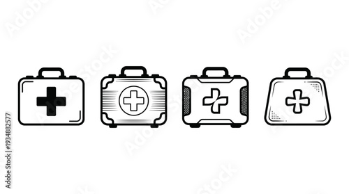 First aid kit medical icons vector set with cross, emergency, healthcare, hospital, rescue, safety, wellness, treatment, pharmacy, patient care, doctor, medicine, vector design